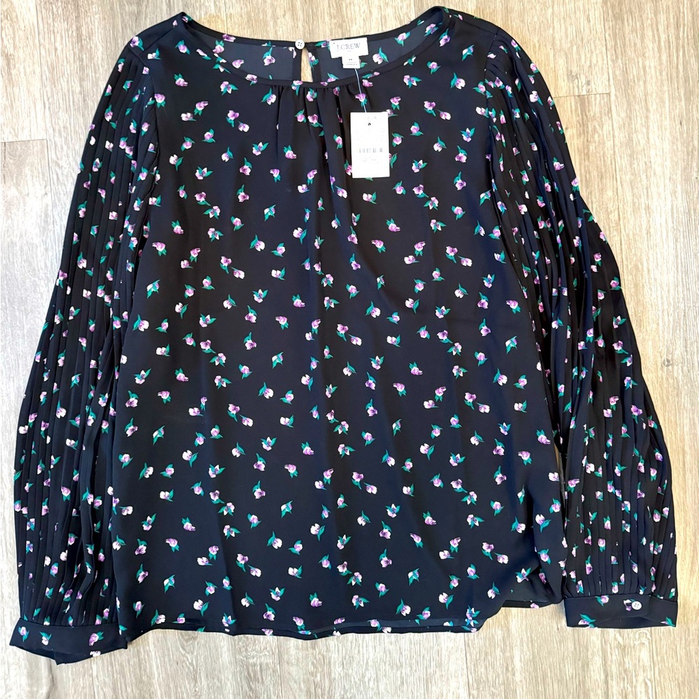 J. Crew Black Purple Floral Blouse Long Balloon Sleeve Women's Sz L Whimsigoth